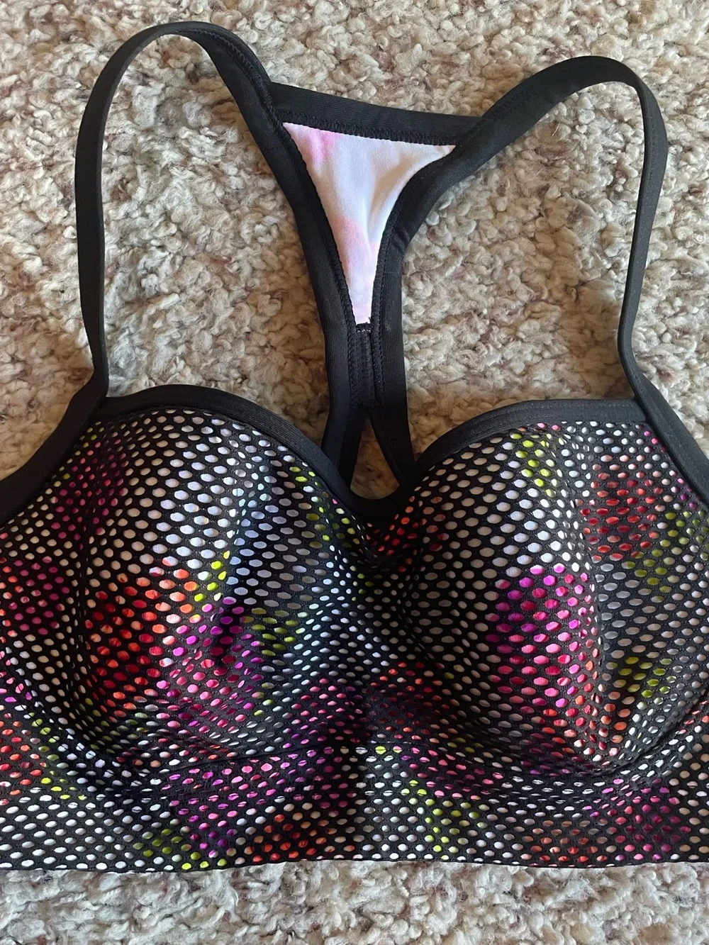 VICTORIA’S SECRET Black Mesh Sports Bra and Leggings with Pink Floral Underlay